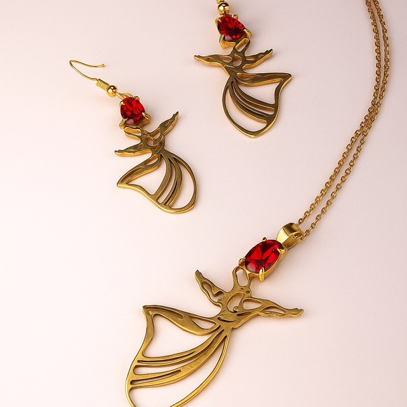 Whirling Dervish Brass Jewelry Set with Red Gemstone – Necklace and Earrings - Picture 5 of 6